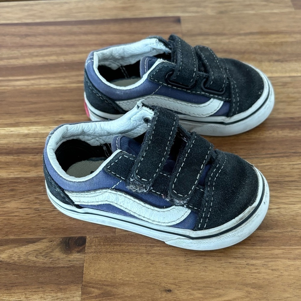 Vans Old Skool V Double Strap Black‎ Blue White Baby Sneakers Size 5 TODDLER